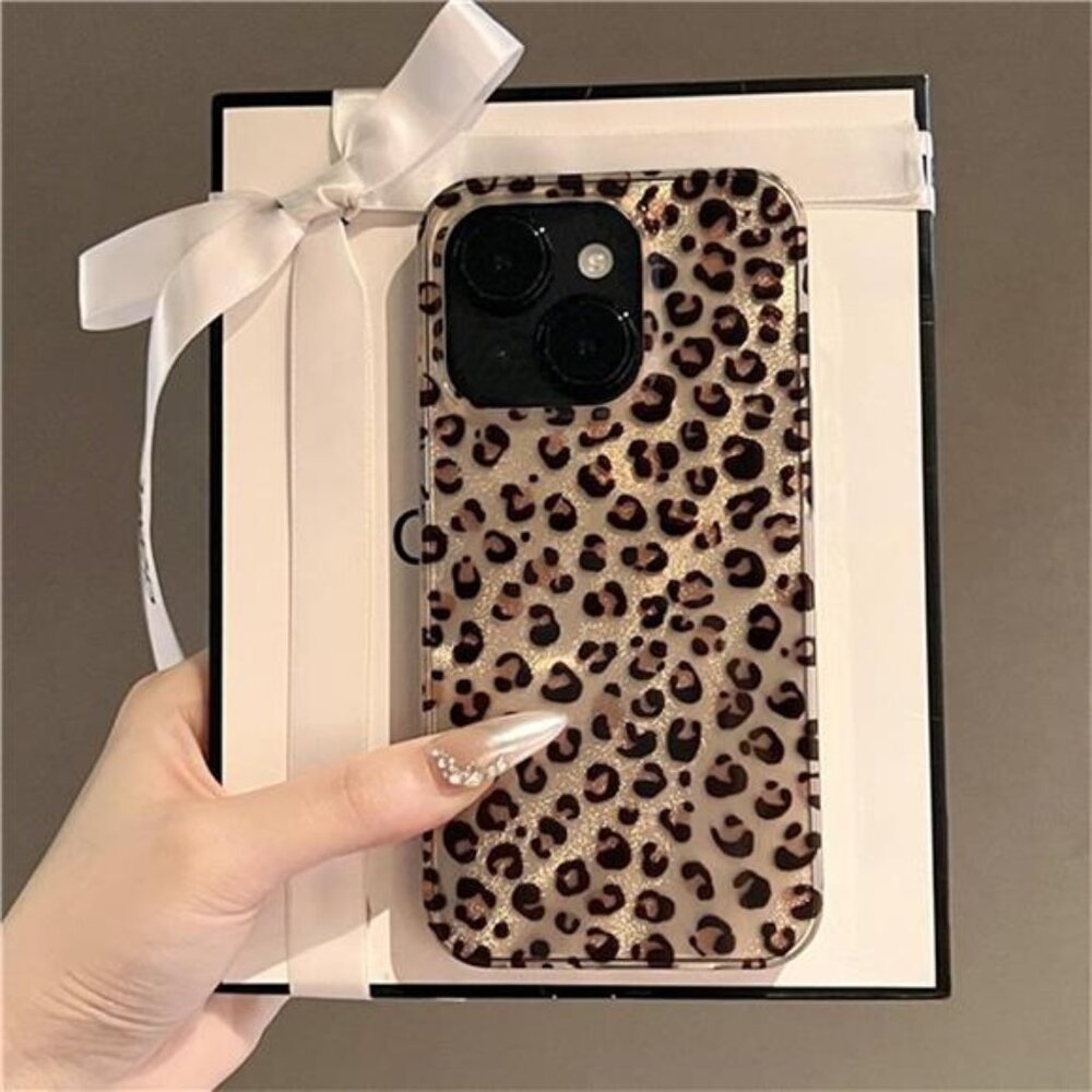 iPhone 16 Case Gold Glitter Leopard Print